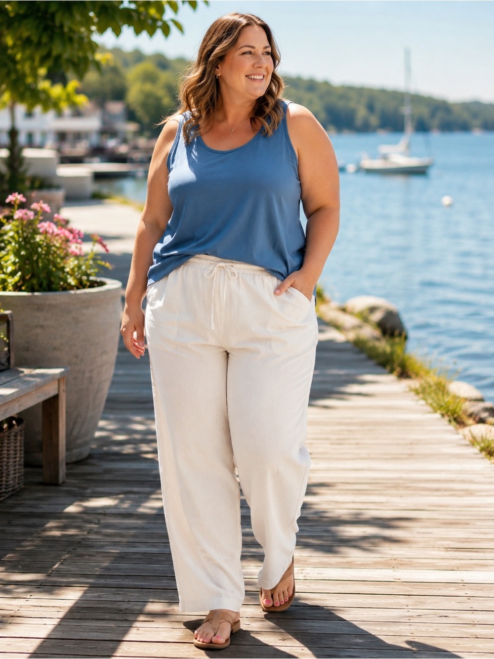 Kim Rogers Women’s 3X White Linen Blend Wide Leg Pull On Pants NWT